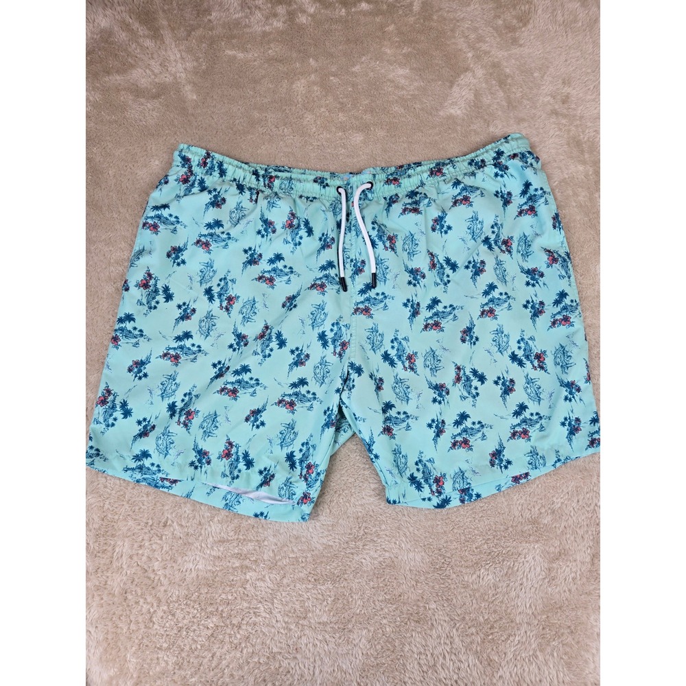 Ocean Coast Big & Tall Mens 2XLT Swim Trunks Tropical Palm Hibiscus‎ Aqua Blue